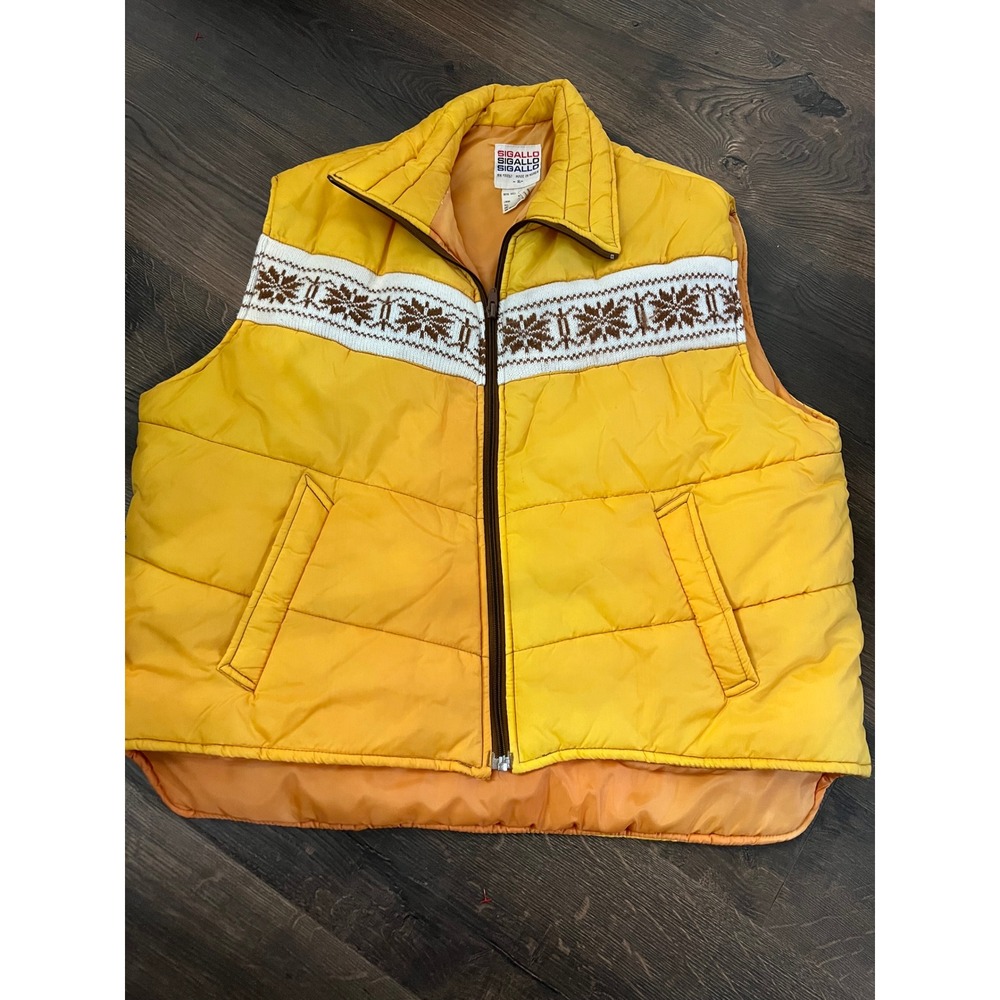 Vintage Sigallo Yellow Puffer Vest Fair Isle Knit Snowflake Retro Ski Womens XL